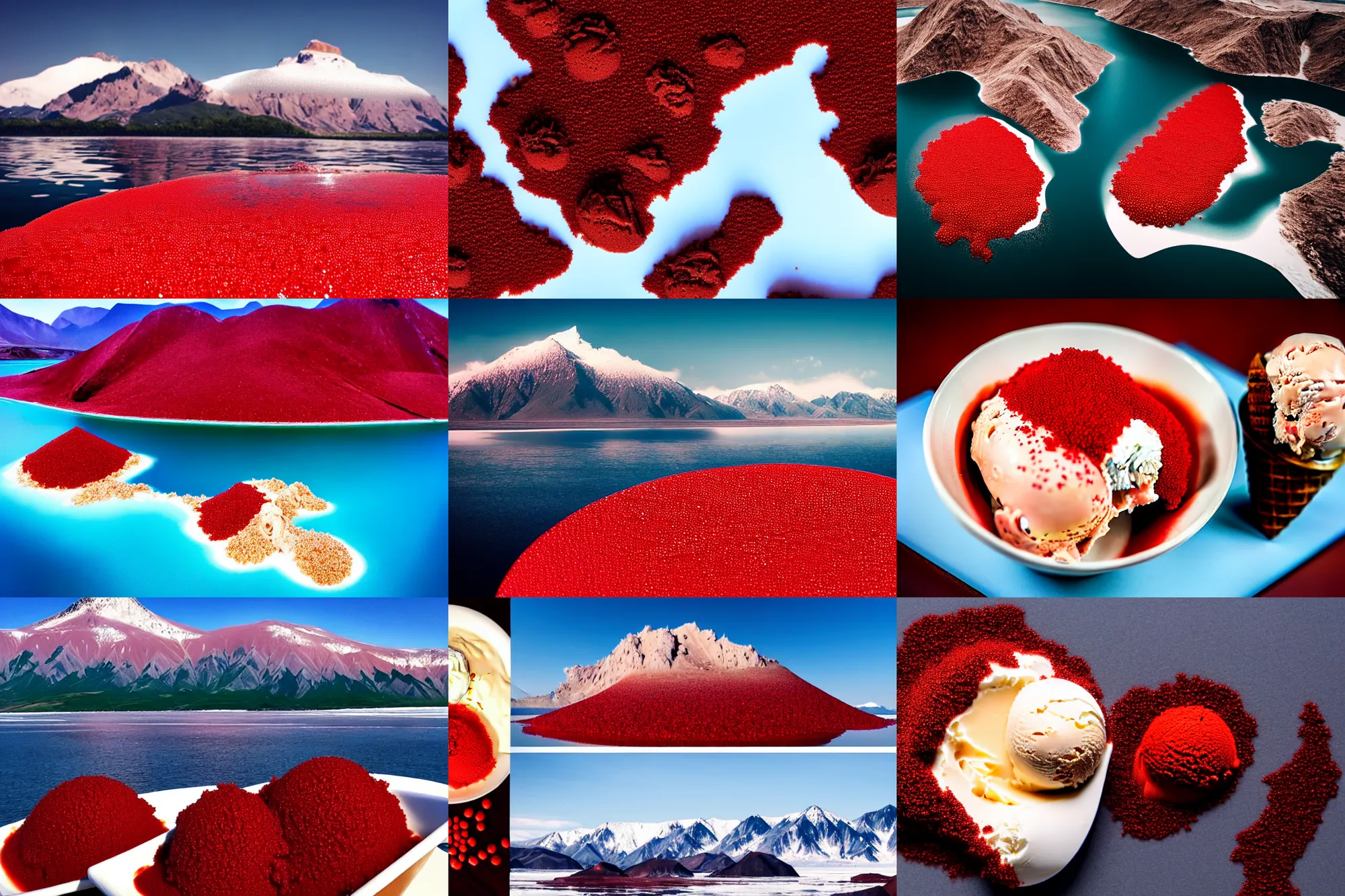 Image similar to a large island of red caviar and ice cream and brown water in the center of which there are mountains with ice cream