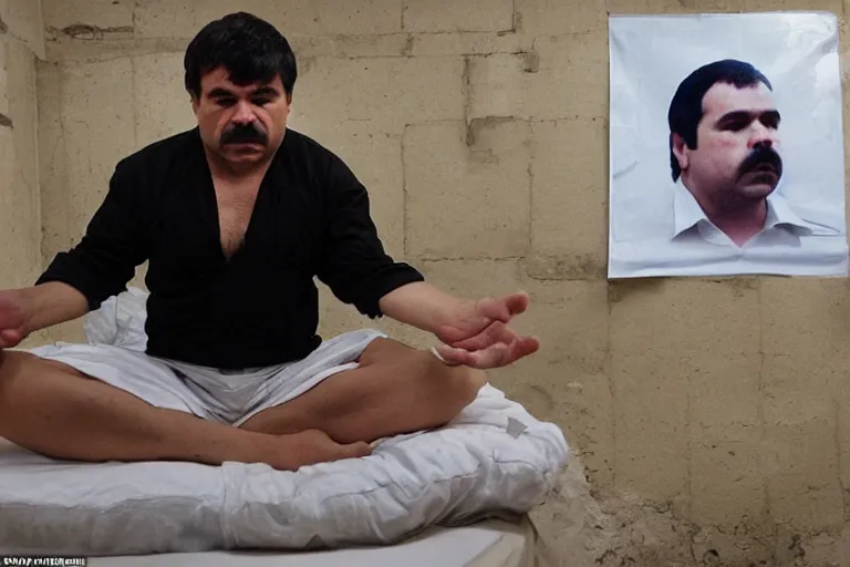 Image similar to el chapo is meditating in the middle of a prison cell. the prison cell is lined with posters of hot latina babes. meditation