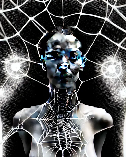 Image similar to black and white cyborg-plant goddess high quality photo, artificial intelligence, bio-mechanical bio-luminescence, artificial complex spider web, neurons, nerve cells, octane render, cinematic, rim light, hyper realism, photo-realistic, high detail, 8k, in the style of Steven Meisel and Dora Maar and H.G. Giger