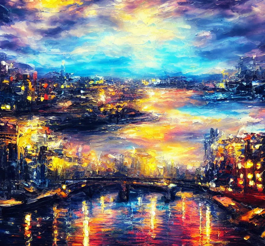 Image similar to sunny day river landscape light city in cloudy sky, acrilic paint, brush paint, heavenly atmosphere, paint, ultra detailed, beautiful image, resolution, artstation