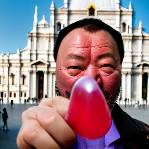 Image similar to artistic photograph of a man showing middle finger with color condom on it from behind by ai weiwei, st peter's basilica slighly out of focus in background