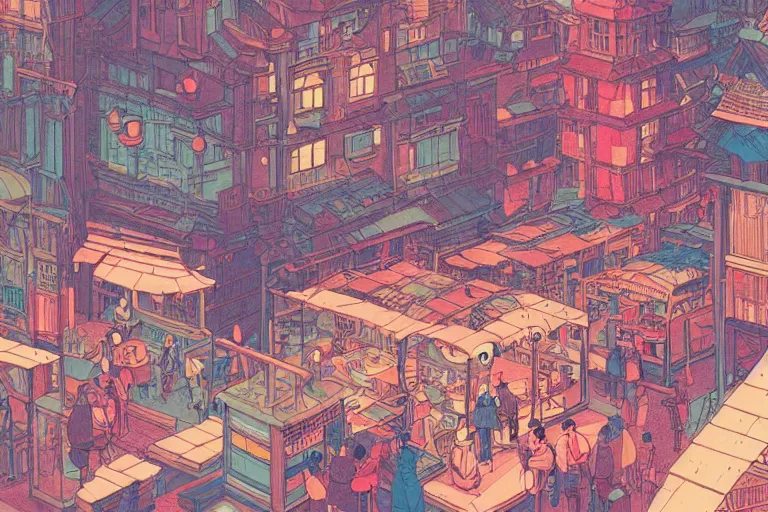 Image similar to a scene of a bustling fantasy city, risograph, retro fantasy style, victo ngai, moebius, studio ghibli
