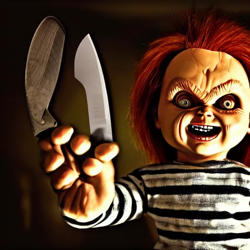 Image similar to Chucky the killer doll standing in a dark room holding a knife, scary lighting