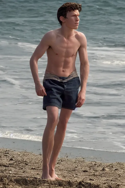 Image similar to telephoto of tom holland on a beach in a movie directed by chirstopher nolan movie still frame, promotional image, imax 7 0 mm footage