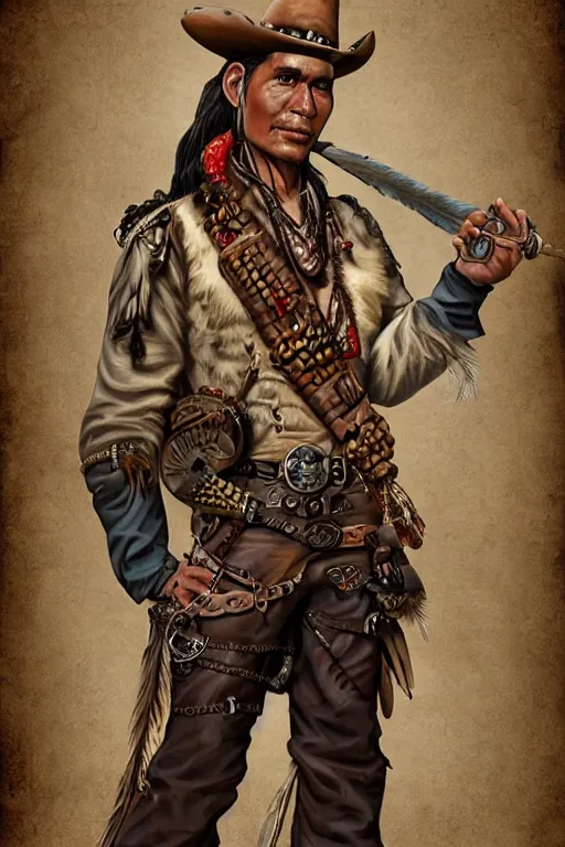 Prompt: deadlands character portrait of a thin native american indian man in his early 3 0 s, wearing traditional cargo buckskin jacket buckskin tactical toolbelt pockets bandolier full of trinket and baubles, steampunk arcane shaman, weird west, by steve henderson, sandra chevrier, alex horley