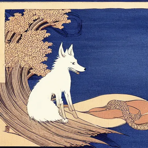 Prompt: white nine tailed fox, near a lake, hokusai style