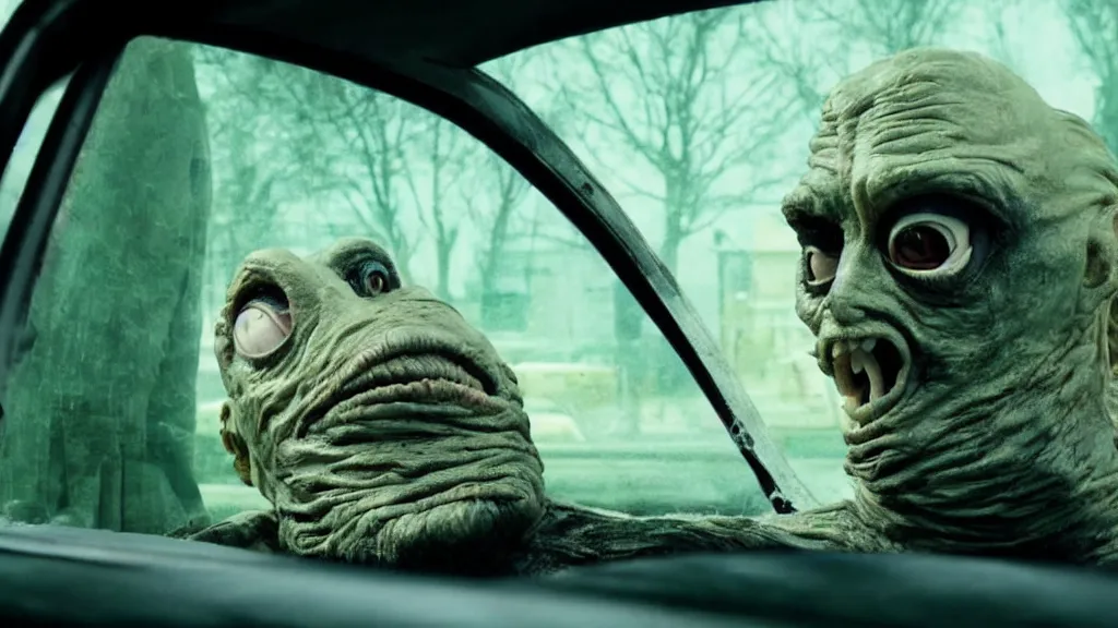 Image similar to the creature sits in a car, made of wax and metal, they look me in the eye, film still from the movie directed by Denis Villeneuve and David Cronenberg with art direction by Salvador Dalí, wide lens