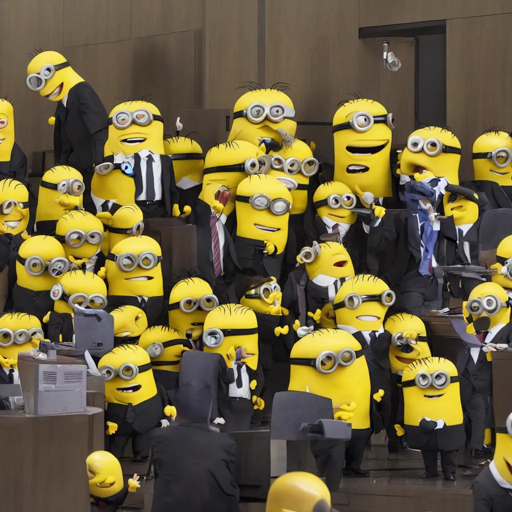 Image similar to Saul Goodman defending the minions in court