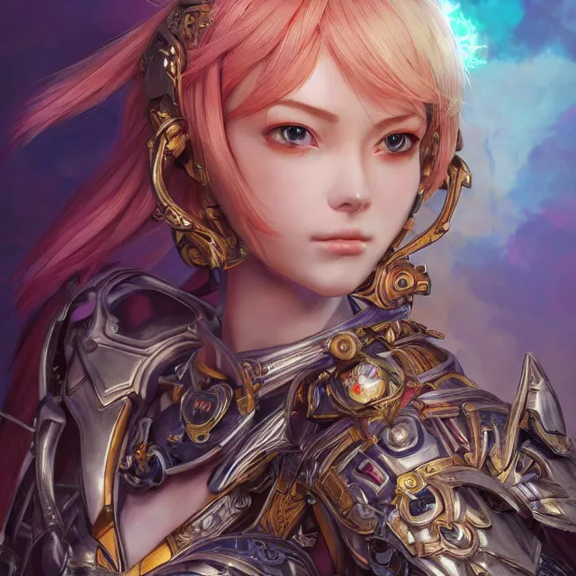 Image similar to studio portrait of lawful good colorful female holy mech paladin as absurdly beautiful, elegant, young sensual anime girl, ultrafine hyperrealistic detailed face illustration by kim jung gi, irakli nadar, intricate linework, sharp focus, bright colors, matte, octopath traveler, final fantasy, unreal engine highly rendered, global illumination, radiant light, intricate environment