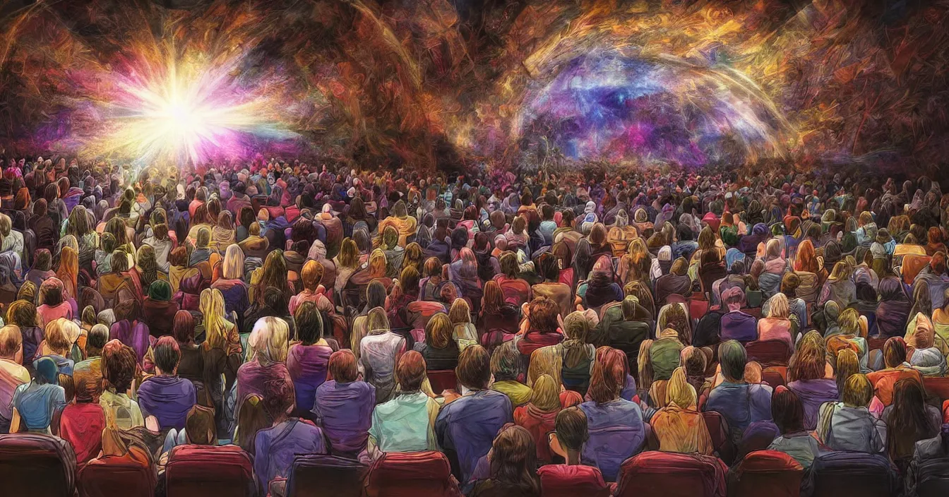 Image similar to rear view of the seated souls in the cinema watching volumetric light of consciousness projecting illusions of their lives on the big screen, trapped ego, realistic, deep sense of spirituality, visual plasticity, shading in vray, style of arthur adams