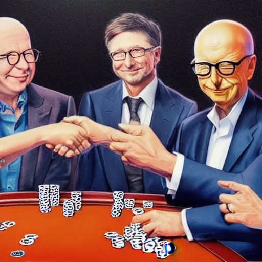 Prompt: UHD photorealistic Elon Musk playing poker with Satoshi Nakamoto, Klaus Schwab, and Bill Gates, hyperrealistic, correct details, cosmic dynamic lighting, symmetrical faces, accurate faces, in the style of art nouveau