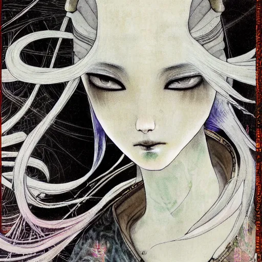 Image similar to yoshitaka amano blurred and dreamy realistic illustration of a japanese woman with black eyes, wavy white hair fluttering in the wind wearing elden ring armor with engraving, abstract patterns in the background, satoshi kon anime, noisy film grain effect, highly detailed, renaissance oil painting, weird portrait angle, blurred lost edges, three quarter view