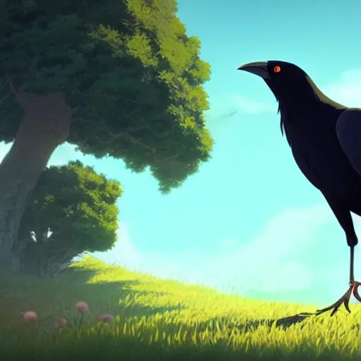 Image similar to a wholesome animation key shot of a crow on a hill, studio ghibli, pixar and disney animation, sharp, rendered in unreal engine 5, anime key art by greg rutkowski, bloom, dramatic lighting