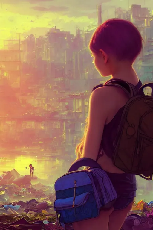 Image similar to teenage beauty girl mini hort with backpack looking at food at garbage dump, destroyed cars, city is pure wasteland, moody sunset background, rays of sunlights, ( ( ( rainbow ) ) ), high details, sharp, photorealism, cinematic, greg rutkowski, alphonse mucha, trending on artstation, artgerm, unreal engine, highly detailed