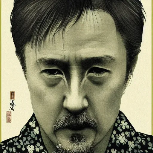 Image similar to “ edward norton portrait by ikenaga yasunari and ayana otake and ko rakusui, 6 0 s poster, drawing, realistic, sharp focus, japanese, dreamy, nostalgia, faded, golden hues, floral clothes, porcelain skin ”