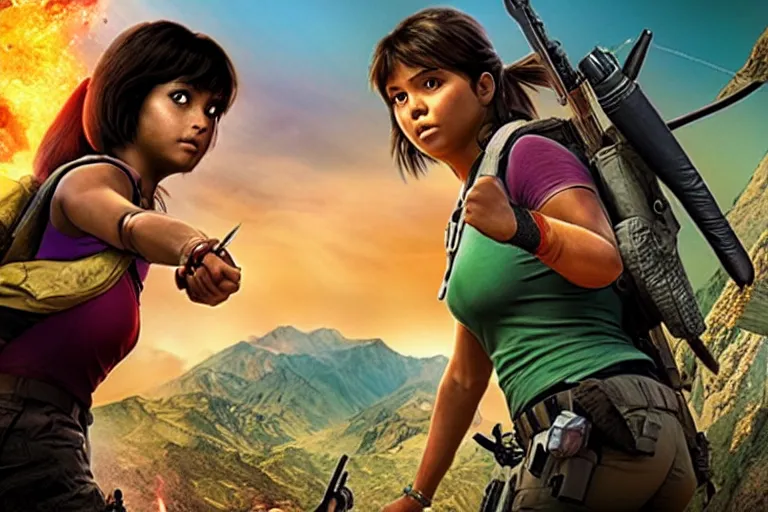 Prompt: Dora the Explorer vs Lara Croft, film by Michael Bay