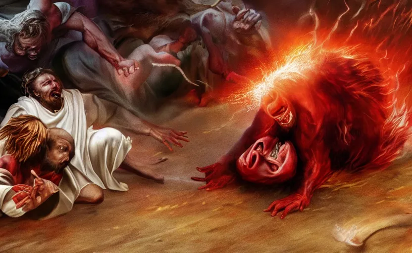 Prompt: hyperrealistic photo of Jesus Christ pummeling bright red-skinned Satan devil demon in the face on the floor, 8k cinematic