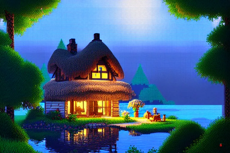 Image similar to view of a cottage above an azure lake, beautiful detailed pixelart by albertov and by wlop, intricate details, dithered gradients, beautiful, volumetric lighting, cgsociety, artstation