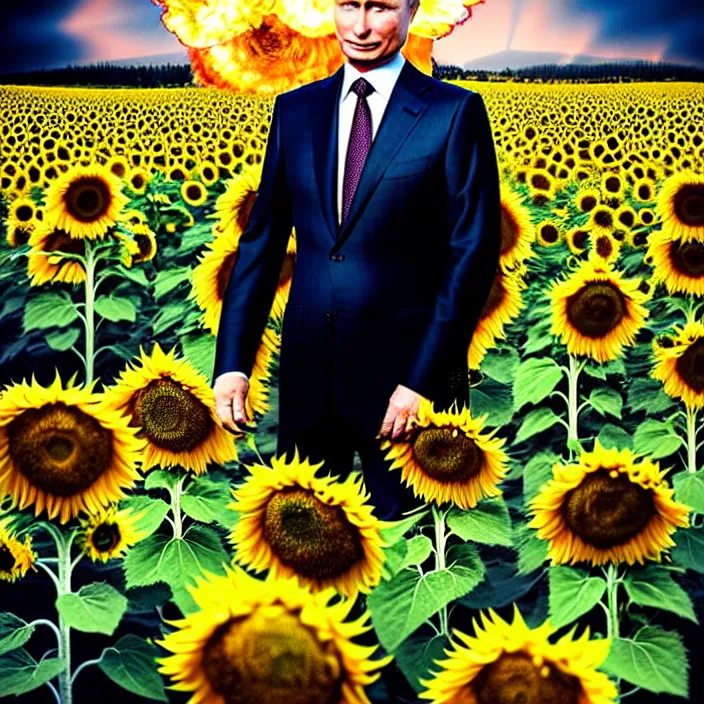 Image similar to photo portrait of Vladimir Putin in sunflower field, dressed in shirt with ornamental ethereal sunflower pattern, natural skin tone, explosion and fire in the background, elegant, Realistic, Refined, Highly Detailed, natural soft pastel lighting colors scheme, fine art photography by Cecil Beaton, volumetric lighting, hyper realistic photography