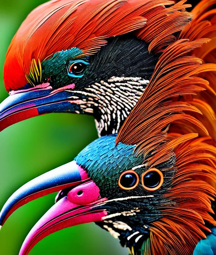 Image similar to a high resolution realistic photo portrait of a birdlike creature made of birds merged, bower bird creature wrinkles pheasant, complex feathers exotic morphing hoopoe, morphing wings king vulture head