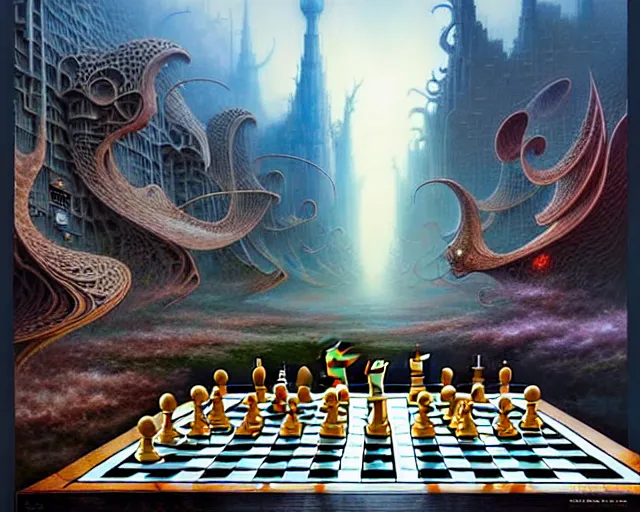 Image similar to street view a chess board filled with chess pieces, fantasy landscape made of fractals facing each other, ultra realistic, wide angle, intricate details, the fifth element artifacts, highly detailed by peter mohrbacher, hajime sorayama, wayne barlowe, boris vallejo, aaron horkey, gaston bussiere, craig mullins