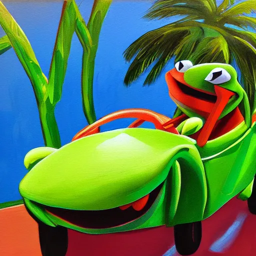 Image similar to kermit driving a car, palm trees, oil painting, detailed