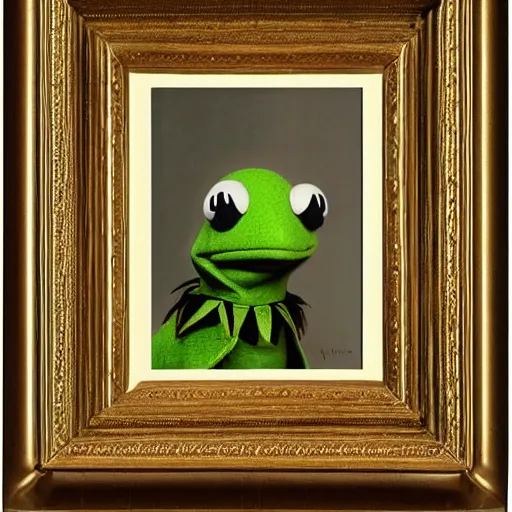 Prompt: kermit the frog : : framed : : fancy portrait : : decorated military uniform : : 8 k, highly detailed, clean lines, line work, intricate : : painting by john william godward