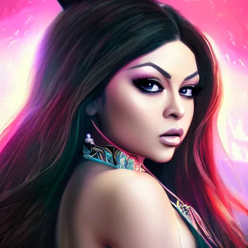 Image similar to portait princess haifa wehbe as duanmu rong, centred, very long hair, hd, unreal engine, art digital painting, amazing background theme