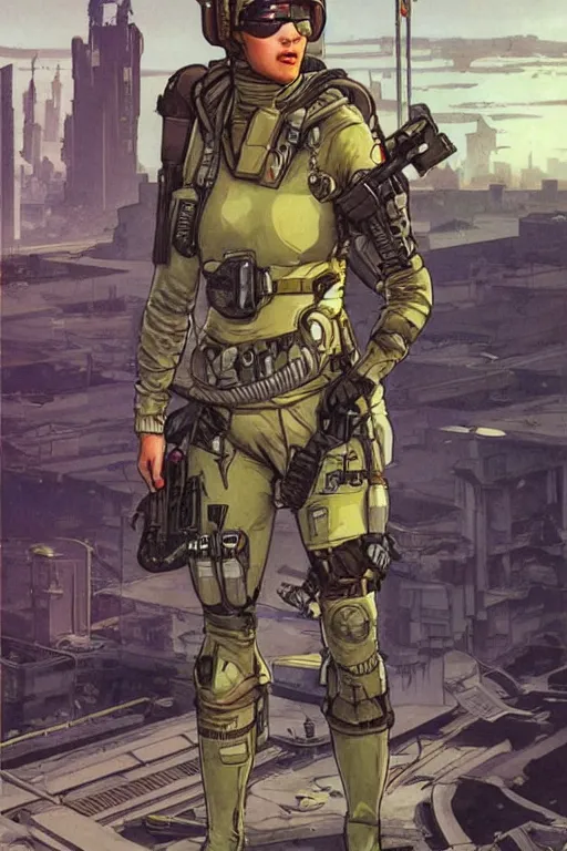 Prompt: Dinah. USN special forces futuristic recon operator, cyberpunk military hazmat exo-suit, on patrol in the Australian autonomous zone, deserted city skyline. 2087. Concept art by James Gurney and Alphonso Mucha