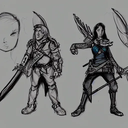 Prompt: a shotgun - toting union hunter and a noble, sword - wielding magical girl stand back to back against a wall while darkspawn creatures approach them. concept art storyboard sketch