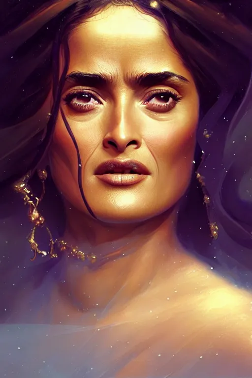 Image similar to salma hayek as a princess of eternal beauty and grace, face portrait, raphael lacoste, eddie mendoza, alex ross, concept art, matte painting, highly detailed, rule of thirds, dynamic lighting, cinematic, detailed, denoised, centerd