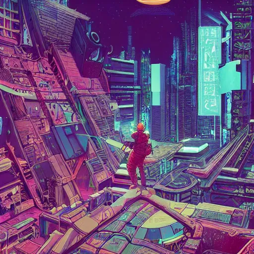 Prompt: cyberpunk explorer playing video games in his treehouse, highly detailed, 4k, midnight, by Victo Ngai and James Gilleard , Moebius, Laurie Greasley