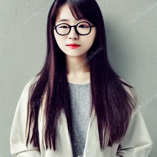 Prompt: portrait of a beautiful and cute round face korean girl with long silver hair wearing round glasses in a white trendy clothes