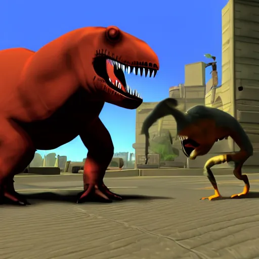 Image similar to t - rex chasing a small rat in team fortress 2 style