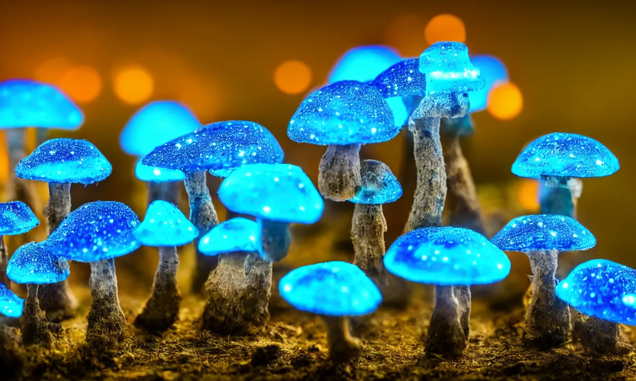 Image similar to a macro shot of bioluminescent mushrooms, dof, 4k, bokeh, acid pixie