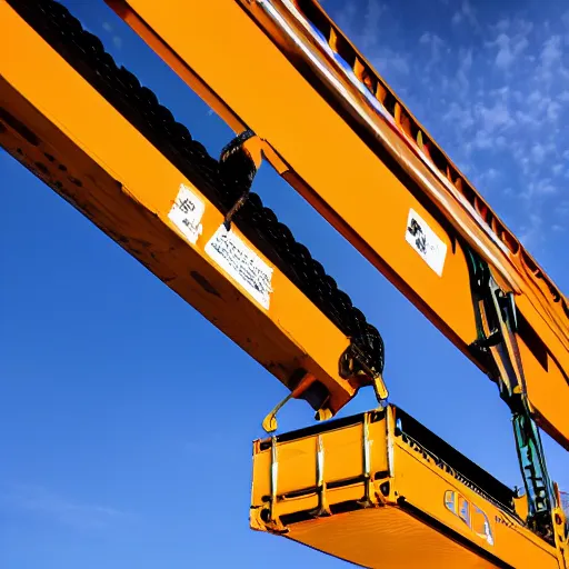 Image similar to digital photography of a crane lifting a container, shot from the ground looking up, close shot, clear sky