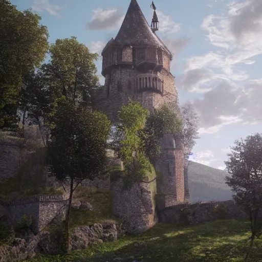 Prompt: very impressive medieval castle in very beautiful valley with trees, perspective, trending on artstation, cinematic, nice lighting, 4k digital art