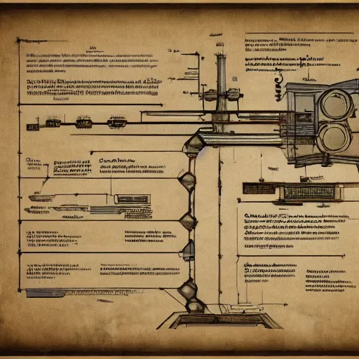 Prompt: schematic for alien technology, aged, faded parchment, sketch, descriptions, highly detailed, 8 k,