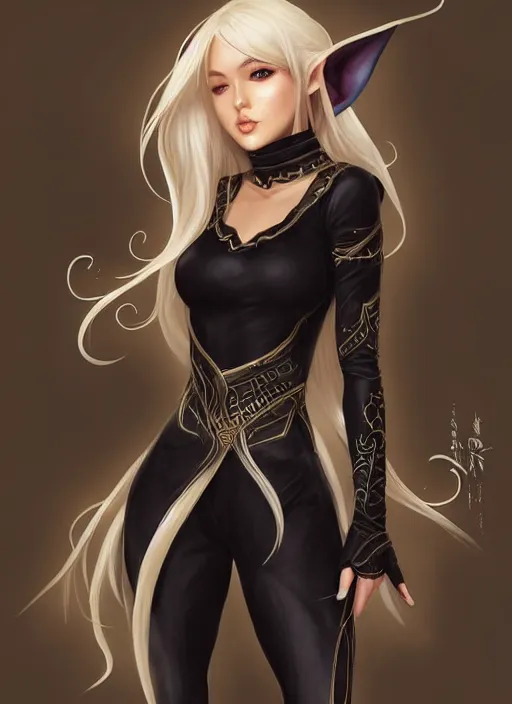 Prompt: full body portrait of beautiful elf, skintight jet black leahter coat, black leggins, blond ponytail haircut, happy, high fantasy, extemely detailed, dnd, smooth, sharp focus, digital illustration, by artgerm, sakimichan, rossdraws