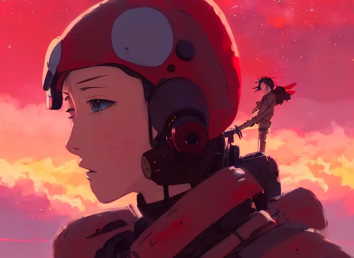 Image similar to portrait of pilot girl, red sky background, chaotic landscape, illustration concept art anime key visual trending pixiv fanbox by wlop and greg rutkowski and makoto shinkai and studio ghibli and kyoto animation, red body suit, military gear, evangelion, grimdark