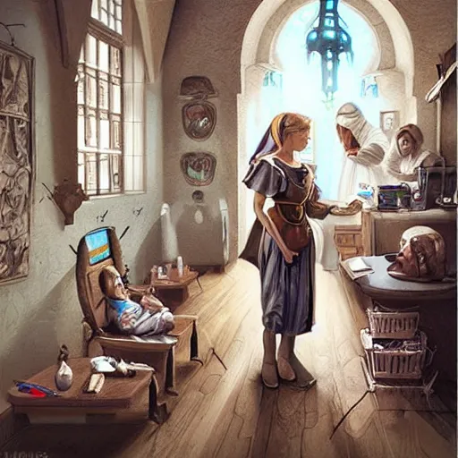 Image similar to “ medieval nurse attending kids in the doctor ’ s office, fantasy, artwork, digital art, intricate, stanley artgerm lau ”