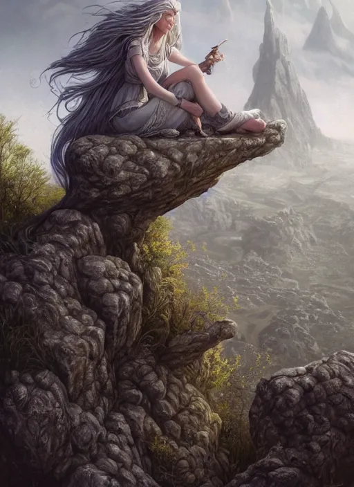 Prompt: A beautiful Norse Goddess with long flowing silver hair perched on a hilltop overlooking a village, fantasy, intricate, elegant, highly detailed, D&D, digital painting, artstation, concept art, matte painting, sharp focus, illustration, glowing light and shadow, atmospheric, shadowy, cinematic, in the style of Greg Rutkowski and artemisia gentileschi and Alphonse Mucha