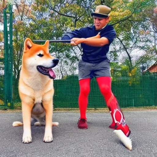 Image similar to shiba inu dog, baseball bat bonk, dog swinging bat 🐶 🏏