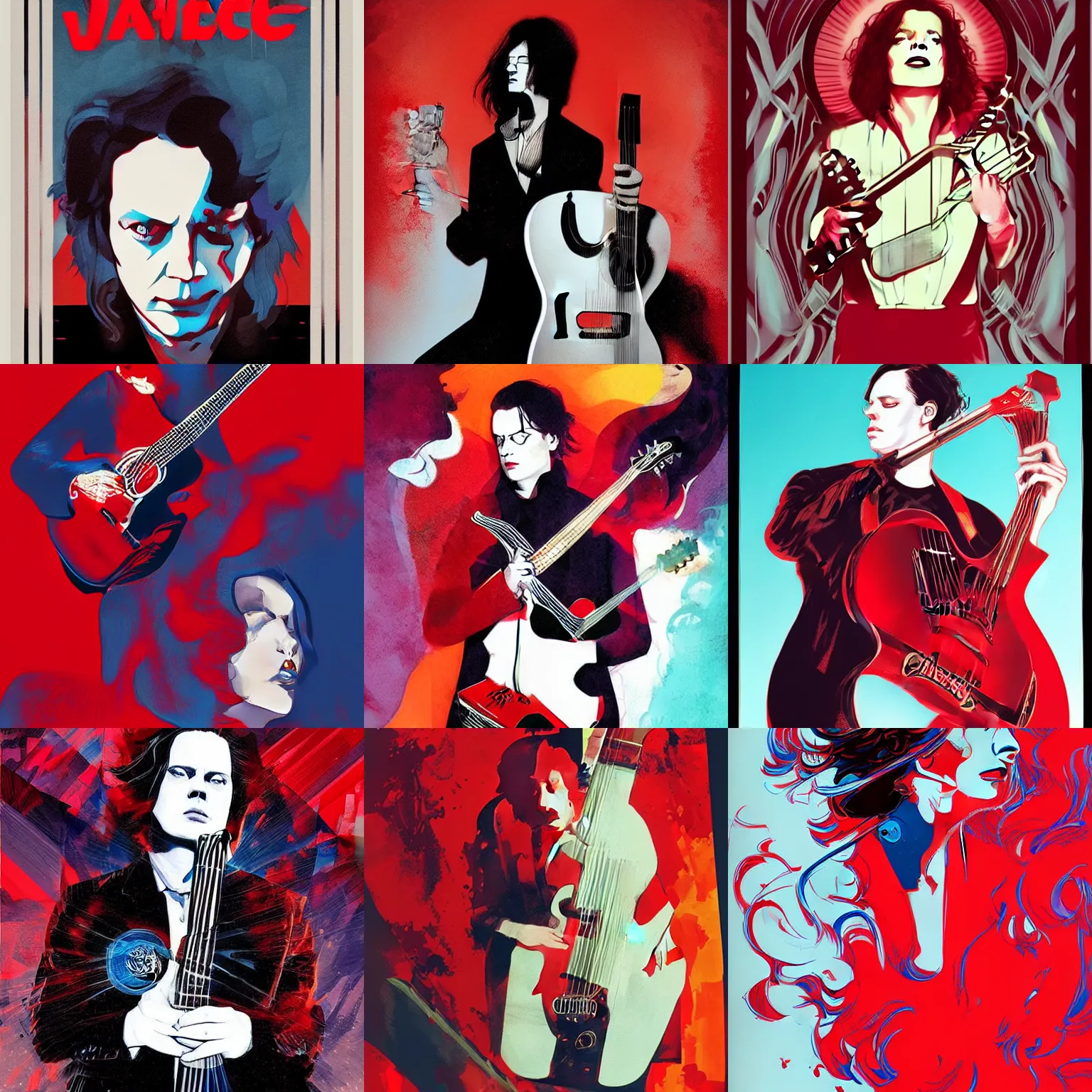 Prompt: jack white, music flowing from the guitar, red color pop photo, Joshua Middleton comic cover art, high detail