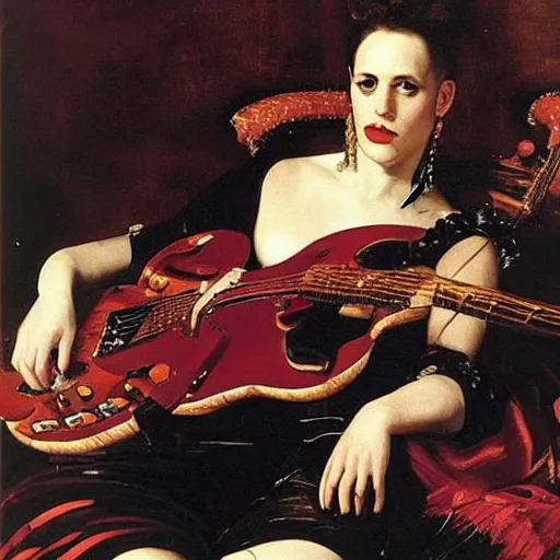 Image similar to Anna Calvi playing electric guitar, oil painting by Giovanni Boldini and Caravaggio, masterpiece