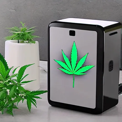 Prompt: cute cannabis home growing cube fully automated, beautifully designed kitchen appliance, modern apartment interior