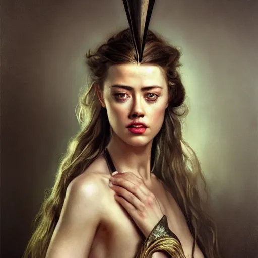 Image similar to Amber Heard, physically accurate, dramatic dynamic lighting, intricate, elegant, highly detailed, digital painting, artstation, very hyperrealistic, HR GIGER, Hieronymus Bosch, Francis Bacon, concept art, smooth, sharp focus, illustration, art by artgerm and greg rutkowski and alphonse mucha