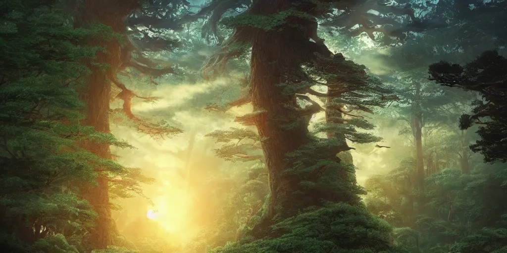 Image similar to giant monster, forest, tree tops, 4 k, artgerm, high detail, dramatic lighting, sunset, hayao miyazaki, masashi ando, nizou yamamoto, kazuo oga, joe hisaishi, yoji takeshige, naoya tanaka