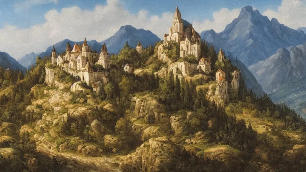 Image similar to detailed naturalism landscape painting of a monastery on the top of a rough, steep mountain with great view on other mountains, epic
