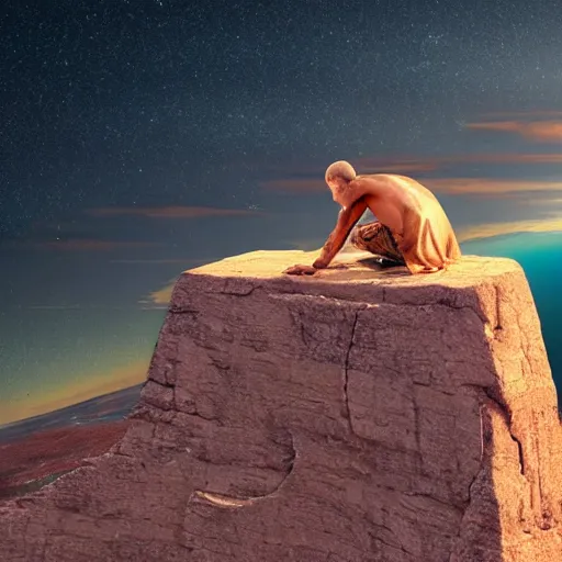 Prompt: The shaman meditating on a cliff at the age of space an time freeing his mind anamorphic supraliminal optical illusion 4k